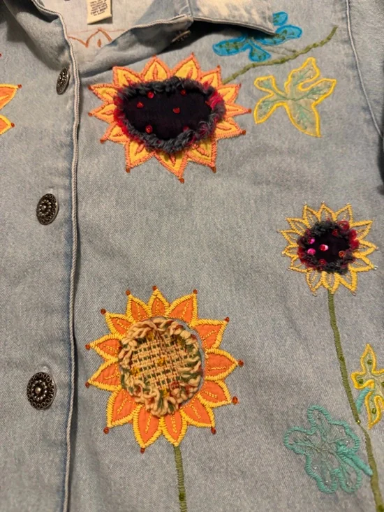 Tantrums Light Blue Denim Jacket with Colorful Sunflower Embroidery has stain - Picture 4 of 7